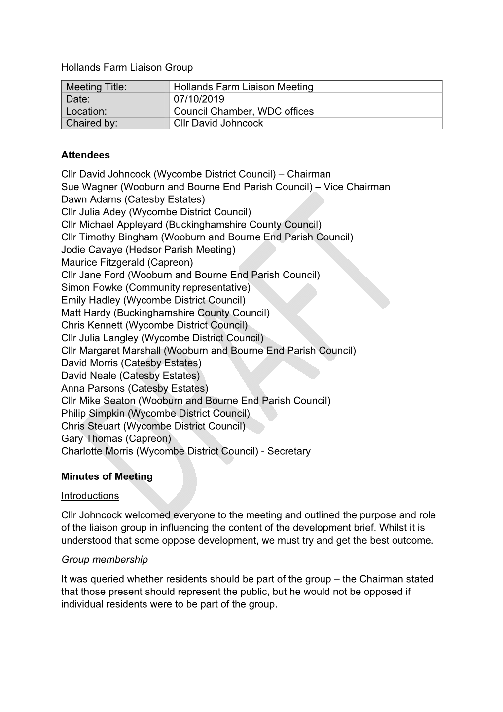 Hollands Farm Liaison Group Meeting Title: Hollands Farm Liaison Meeting Date: 07/10/2019 Location: Council Chamber, WDC Offices Chaired By: Cllr David Johncock