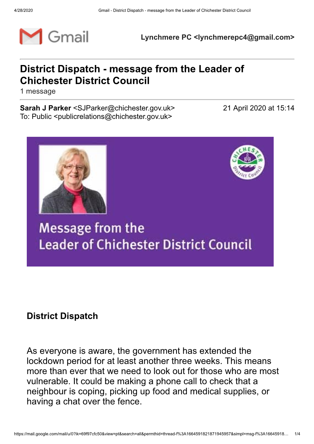 District Dispatch - Message from the Leader of Chichester District Council
