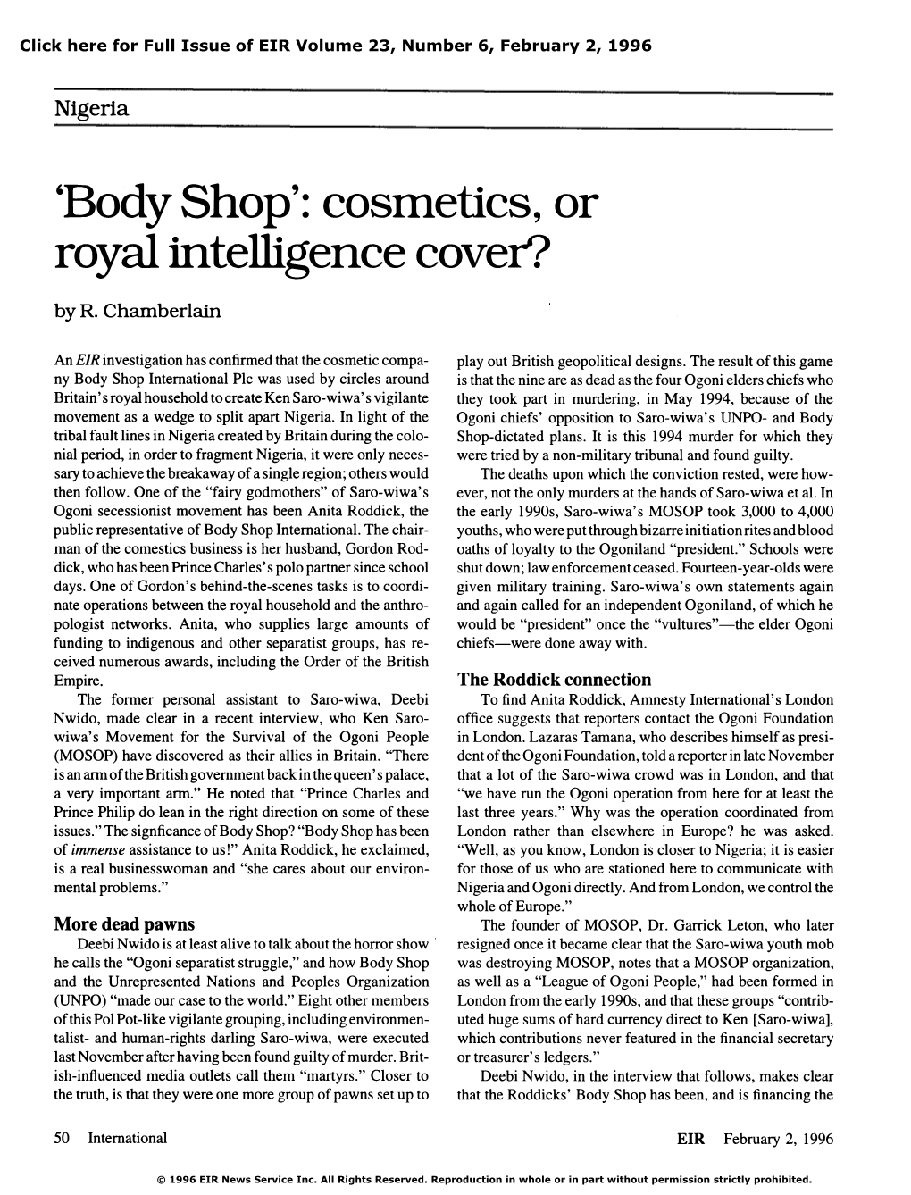 Body Shop': Cosmetics, Or Royal Intelligence Cover?