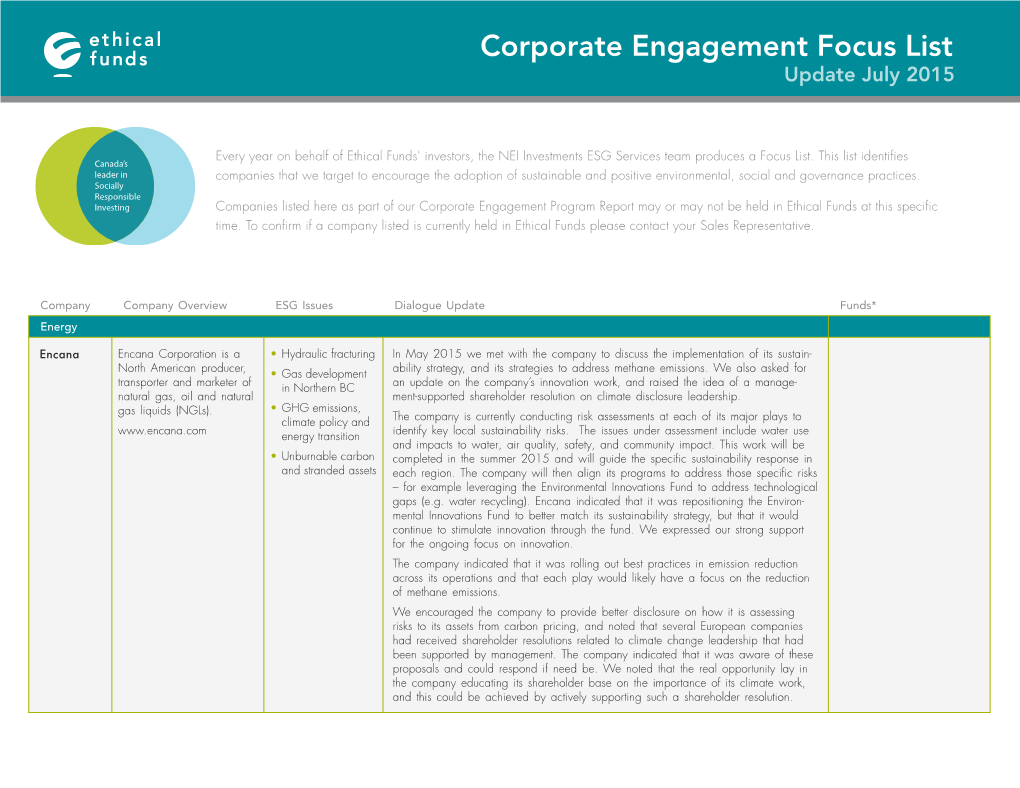 Corporate Engagement Focus List Update July 2015