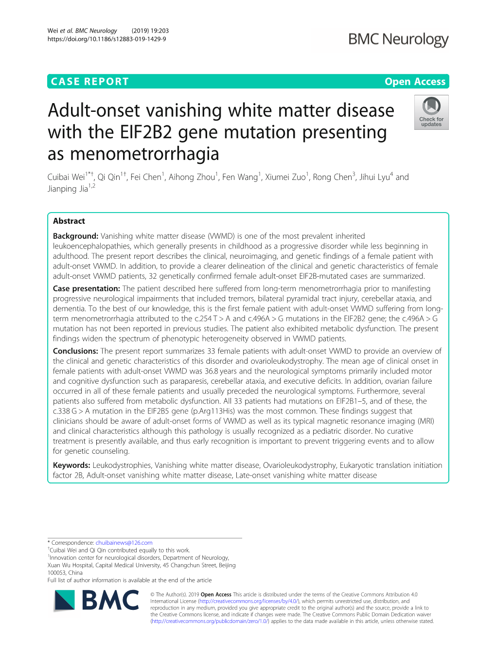 Adult-Onset Vanishing White Matter Disease with the EIF2B2 Gene Mutation Presenting As Menometrorrhagia