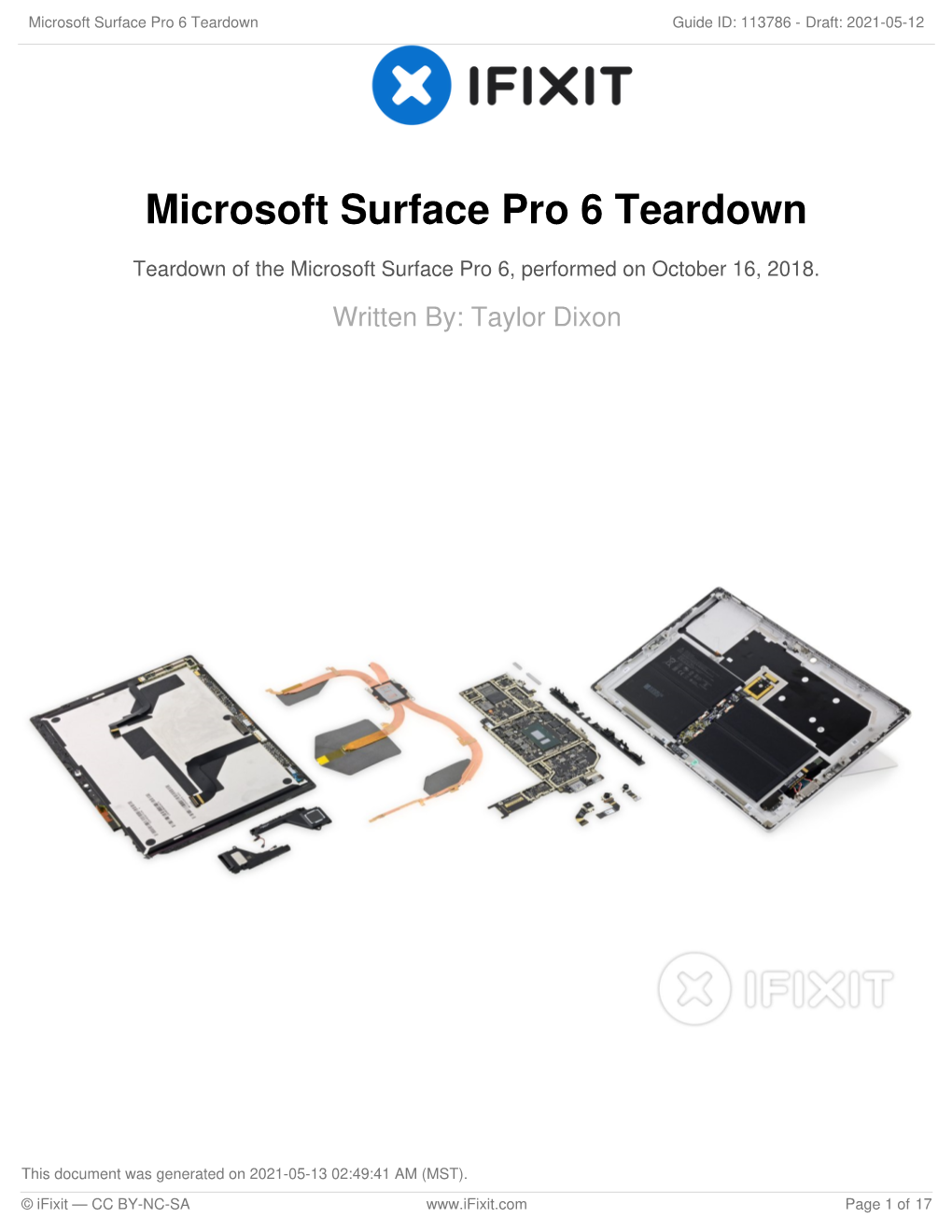 Microsoft Surface Pro 6 Teardown Guide ID: 113786 - Draft: 2021-05-12