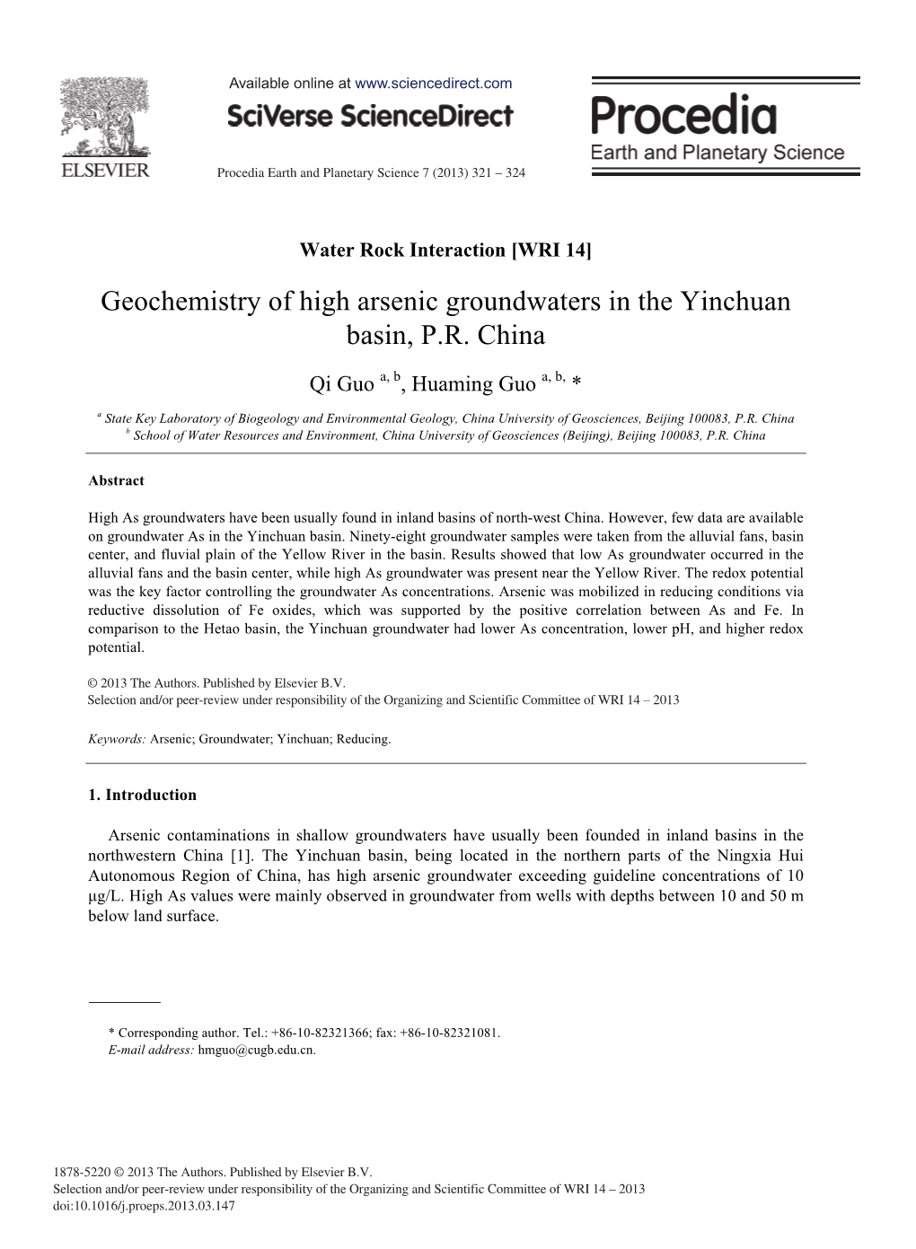 Geochemistry of High Arsenic Groundwaters in the Yinchuan Basin, P.R