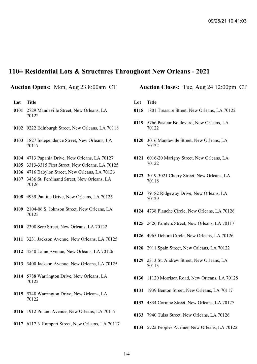 110± Residential Lots & Structures Throughout New Orleans