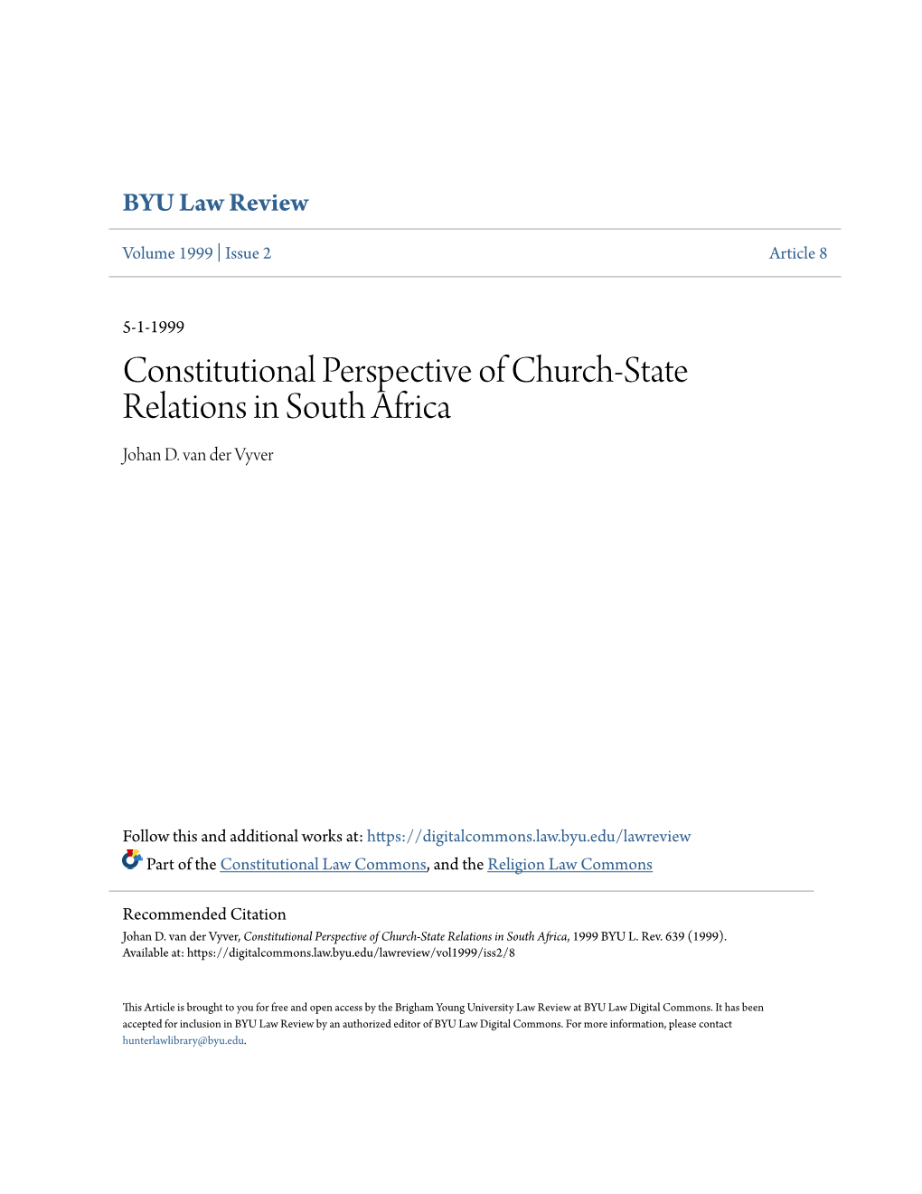 Constitutional Perspective of Church-State Relations in South Africa Johan D