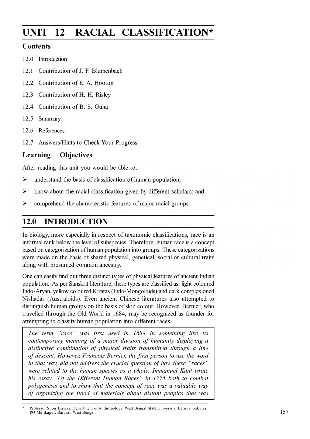 UNIT 12 RACIAL CLASSIFICATION* Contents 12.0 Introduction 12.1 Contribution of J