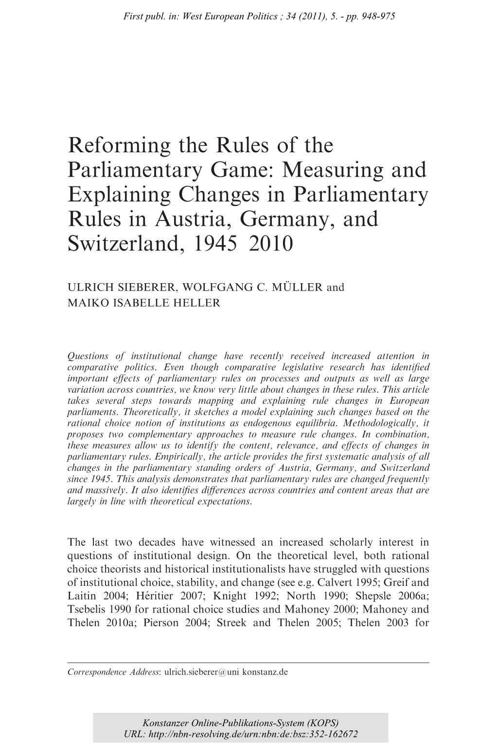 Reforming the Rules of the Parliamentary Game : Measuring and Explaining Changes in Parliamentary Rules in Austria, Germany