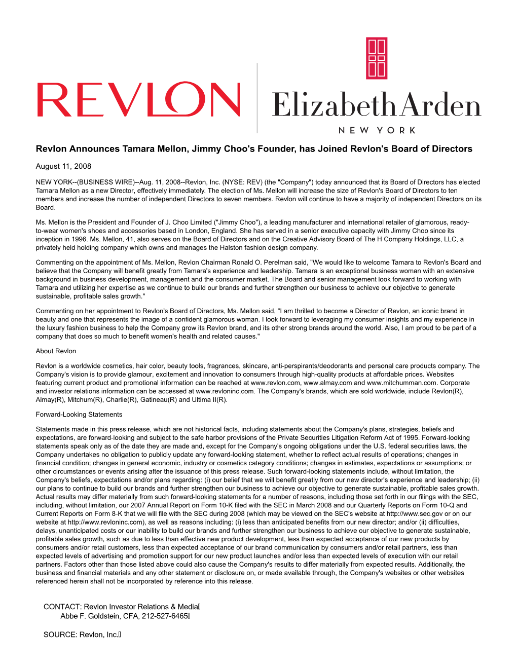 Revlon Announces Tamara Mellon, Jimmy Choo's Founder, Has Joined Revlon's Board of Directors