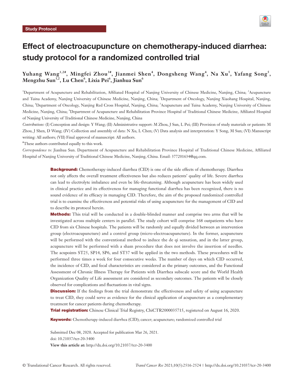 Effect of Electroacupuncture on Chemotherapy-Induced Diarrhea: Study Protocol for a Randomized Controlled Trial