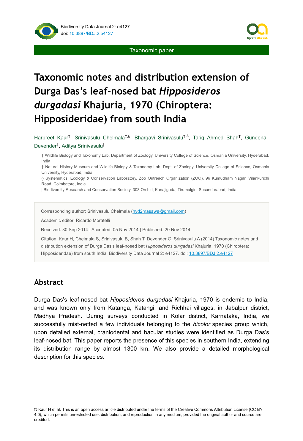 Taxonomic Notes and Distribution Extension of Durga Das’S Leaf-Nosed Bat Hipposideros Durgadasi Khajuria, 1970 (Chiroptera: Hipposideridae) from South India