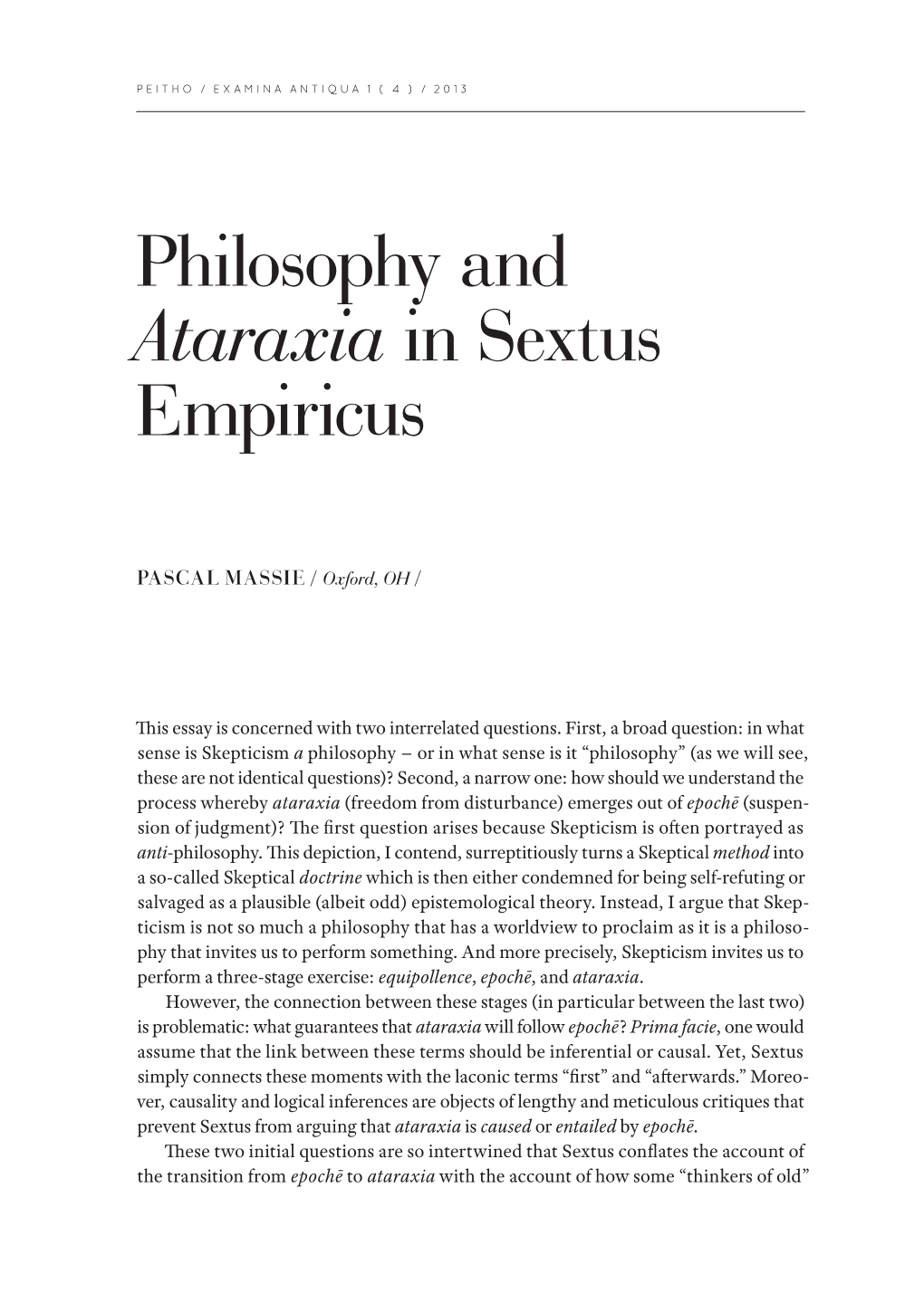 Philosophy and Ataraxia in Sextus Empiricus