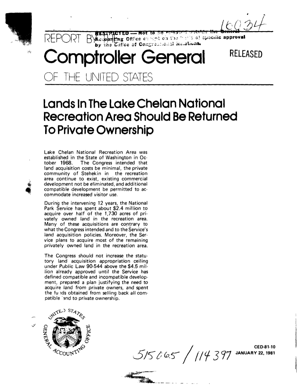 CED-81-10 Lands in the Lake Chelan National Recreation Area Should