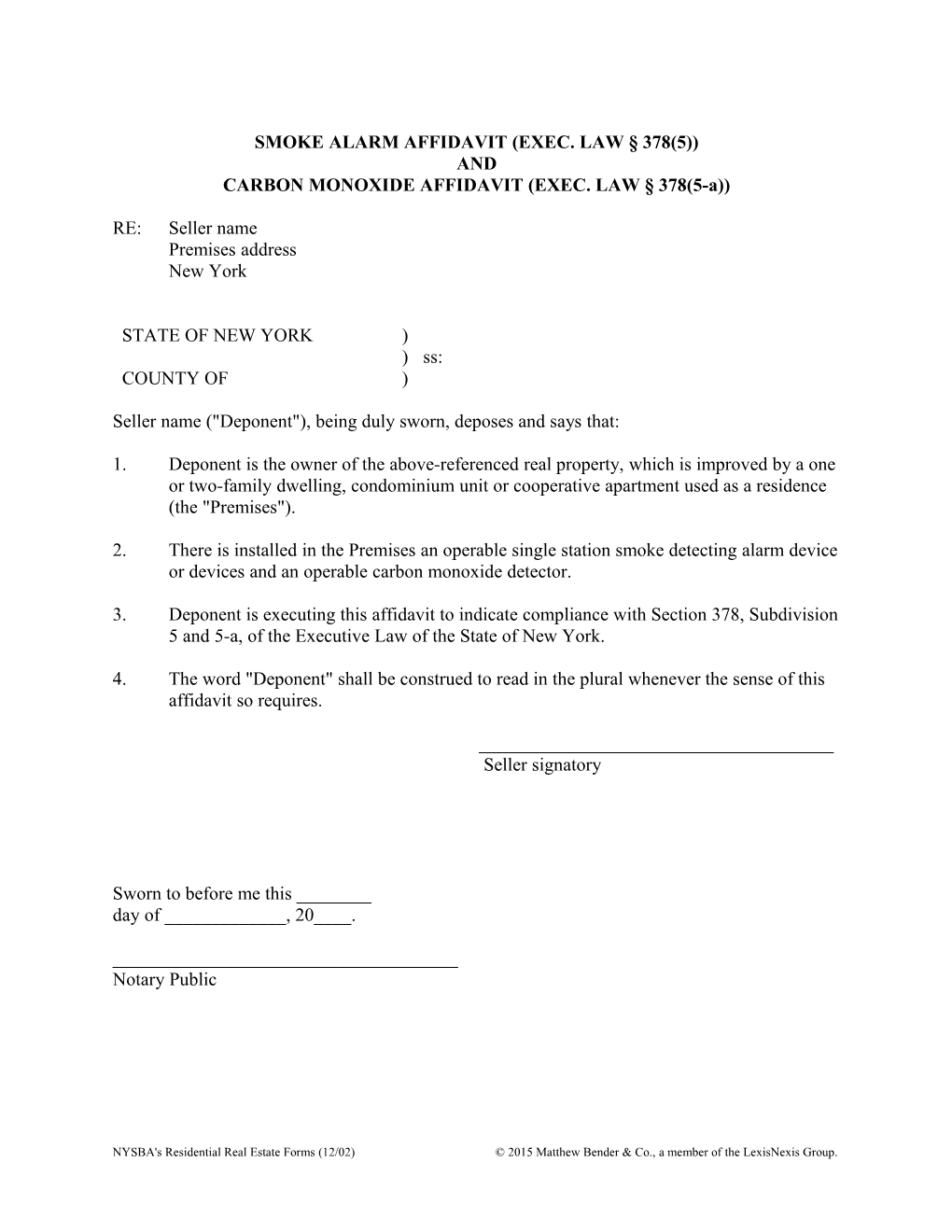 Affidavit: Smoke Alarm (Exec. Law 378(5)) and Carbon Monoxide Detector (Exec. Law 378(5-A))