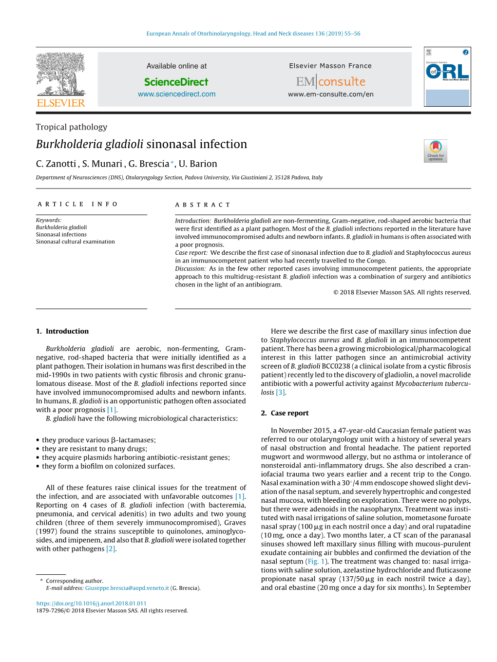 Burkholderia Gladioli Sinonasal Infection