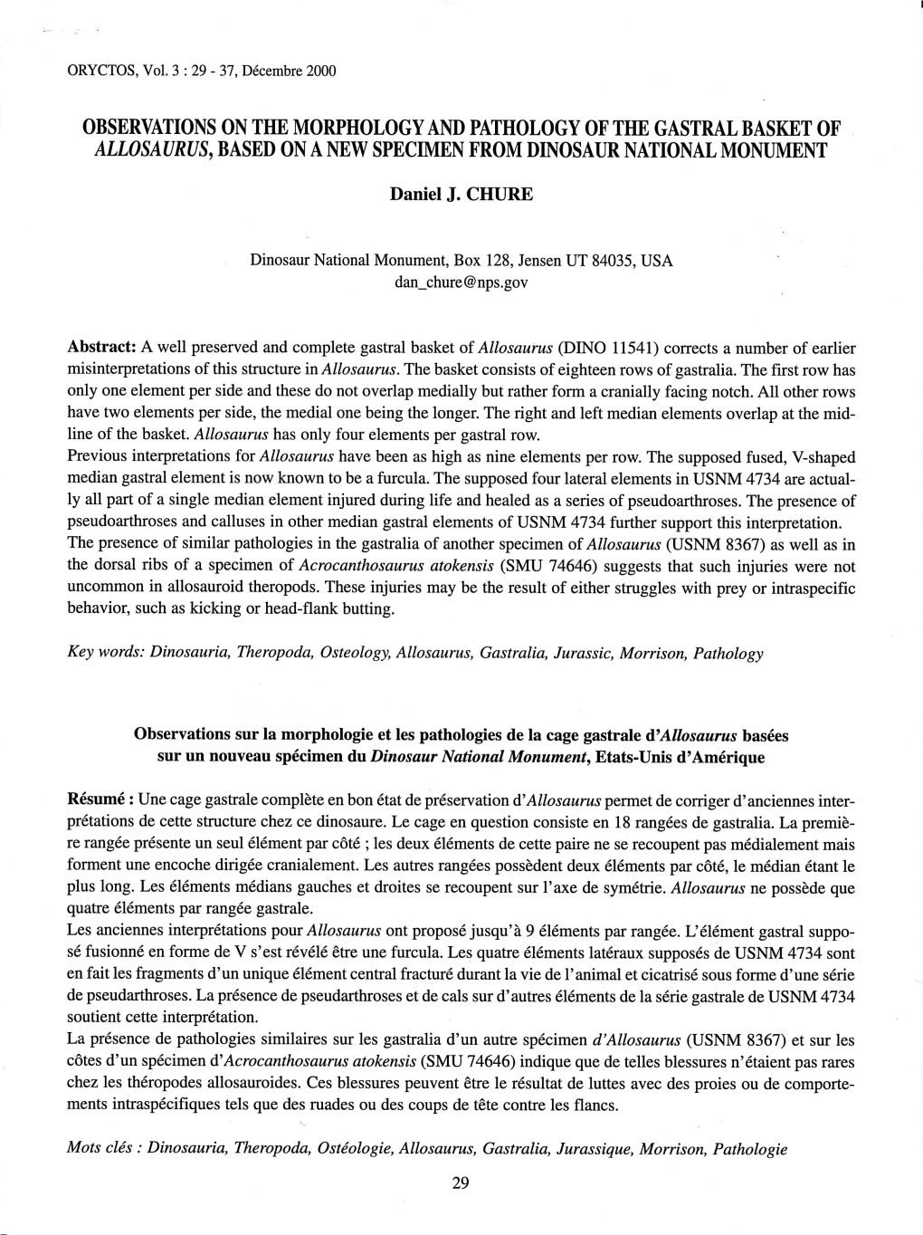 Daniel J. Chure, Observation on the Morphology and Pathology of the Gastral Basket of Allosaurus, Based