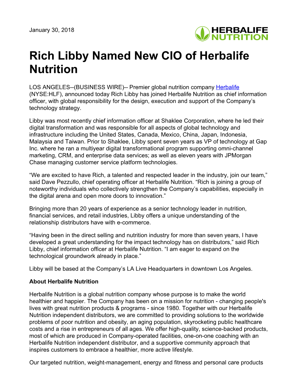 Rich Libby Named New CIO of Herbalife Nutrition