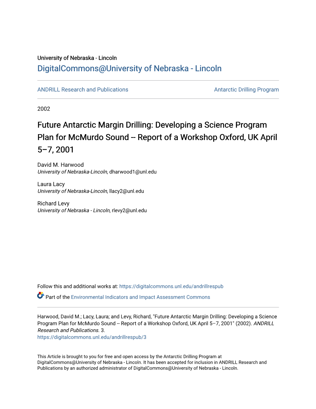 Future Antarctic Margin Drilling: Developing a Science Program Plan for Mcmurdo Sound -- Report of a Workshop Oxford, UK April 5–7, 2001