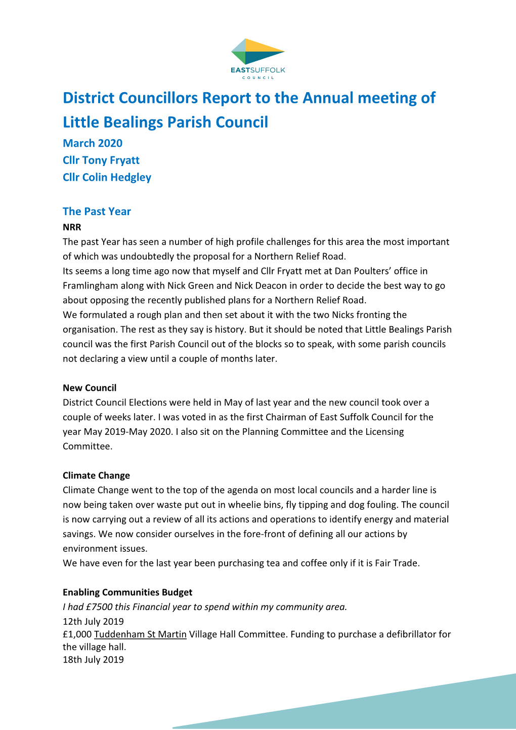 District Cllrs Report to Little Bealings PC March 2020 Annual