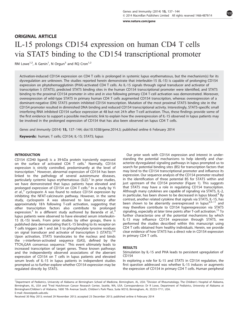 IL-15 Prolongs CD154 Expression on Human CD4 T Cells Via STAT5 Binding to the CD154 Transcriptional Promoter