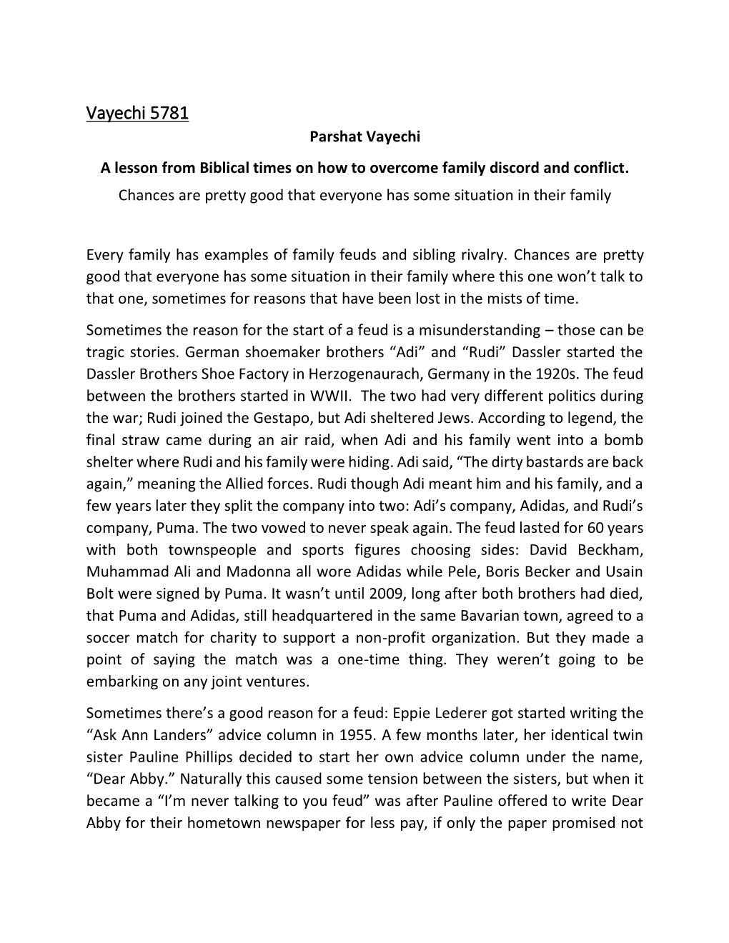 Vayechi 5781 Parshat Vayechi a Lesson from Biblical Times on How to Overcome Family Discord and Conflict