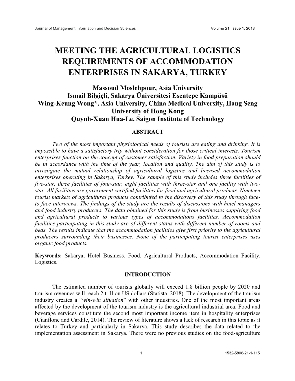 Meeting the Agricultural Logistics Requirements of Accommodation Enterprises in Sakarya, Turkey