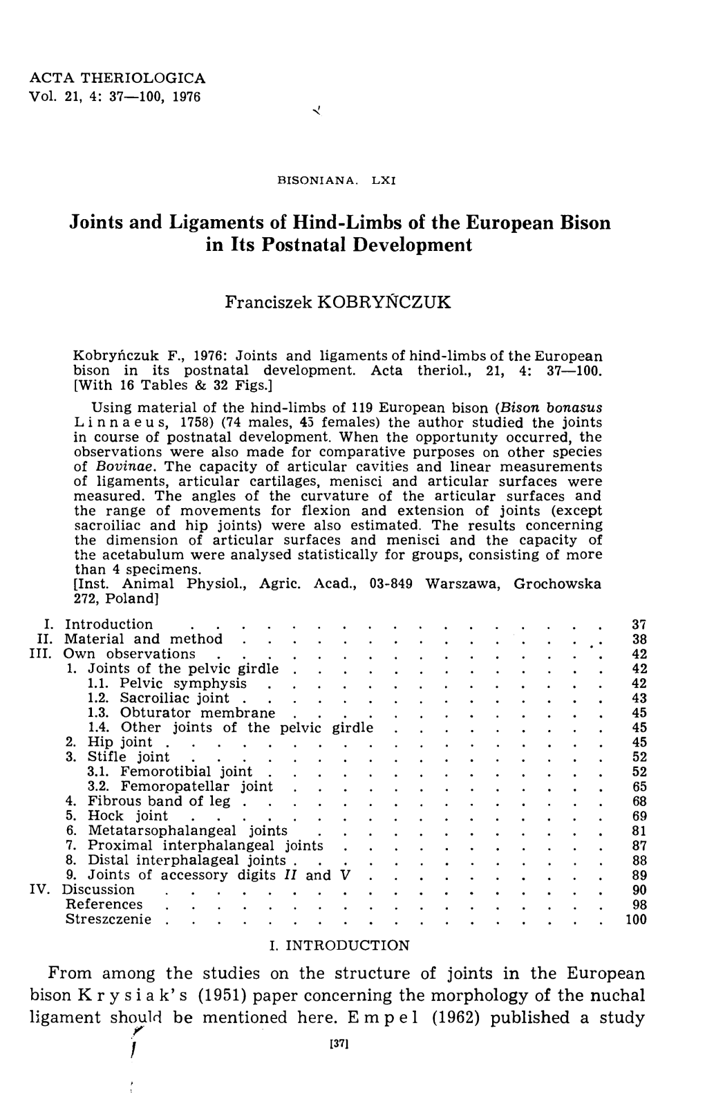 Joints and Ligaments of Hind-Limbs of the European Bison in Its Postnatal Development