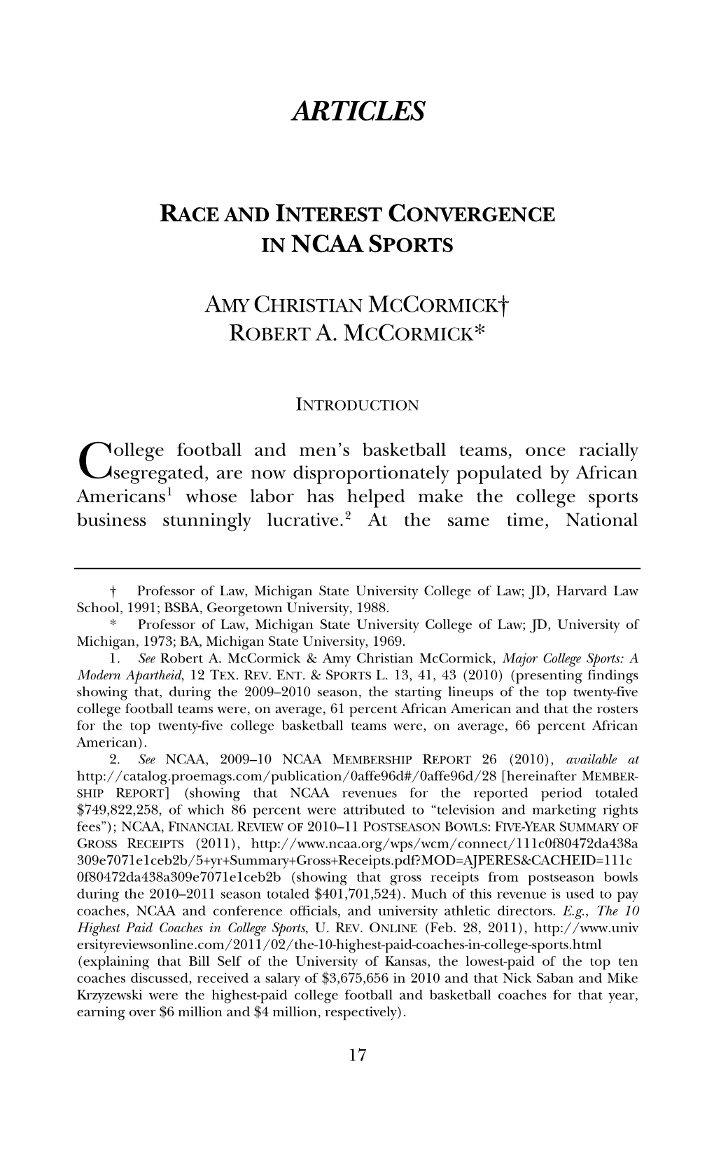 Race and Interest Convergence in Ncaa Sports