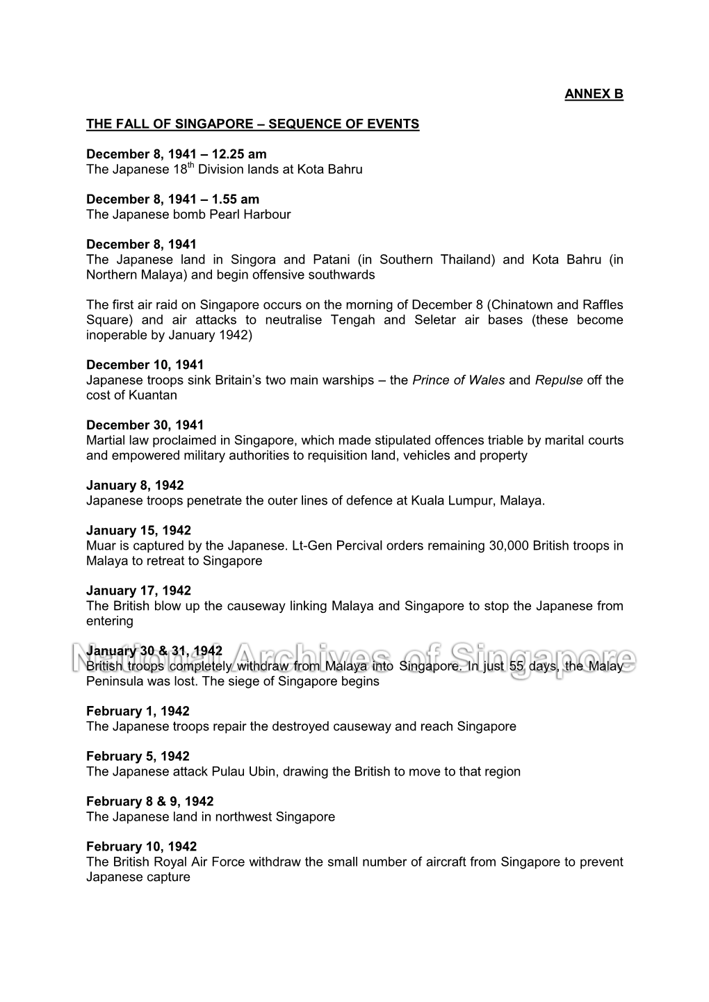 Annex B the Fall of Singapore – Sequence of Events