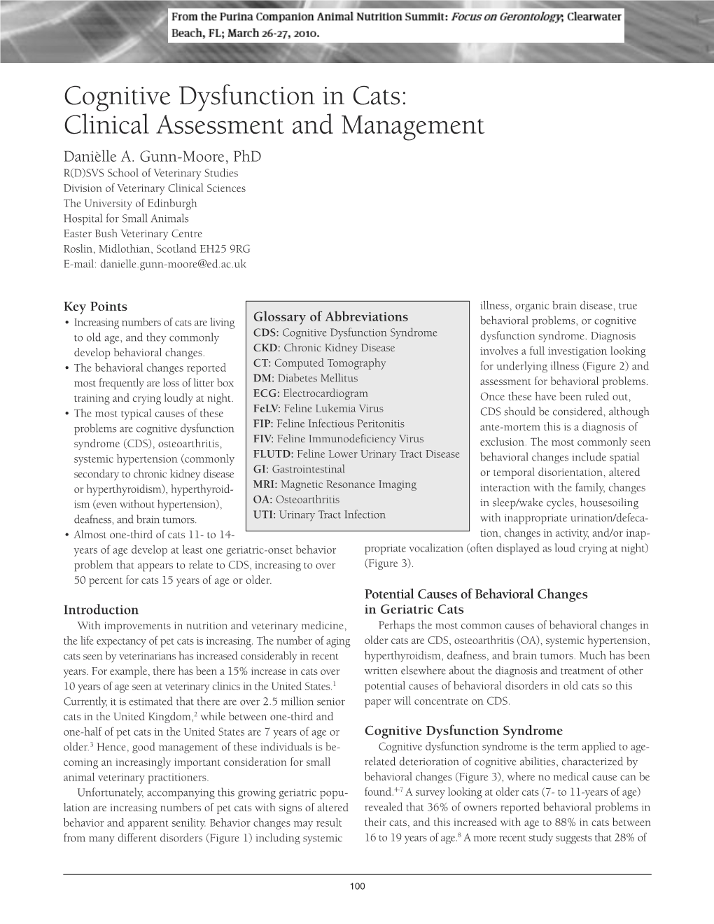 Cognitive Dysfunction in Cats: Clinical Assessment and Management Danièlle A