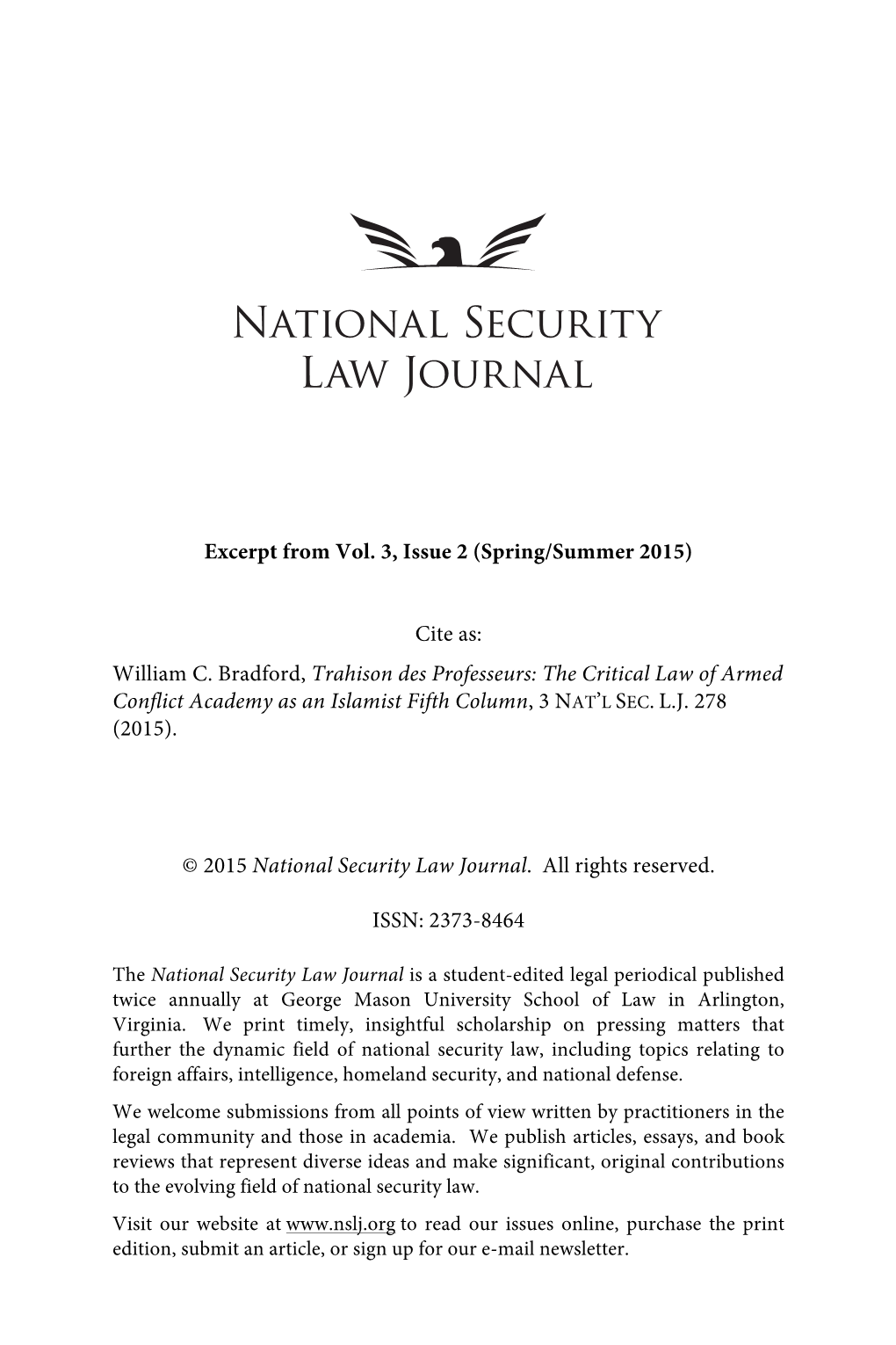 Trahison Des Professeurs: the Critical Law of Armed Conflict Academy As an Islamist Fifth Column, 3 NAT’L SEC