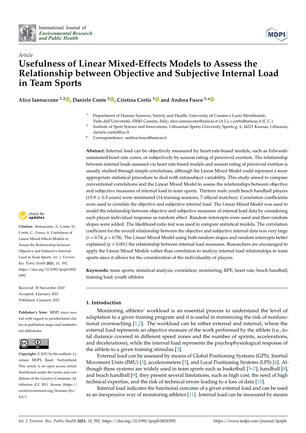 Usefulness of Linear Mixed-Effects Models to Assess the Relationship Between Objective and Subjective Internal Load in Team Sports