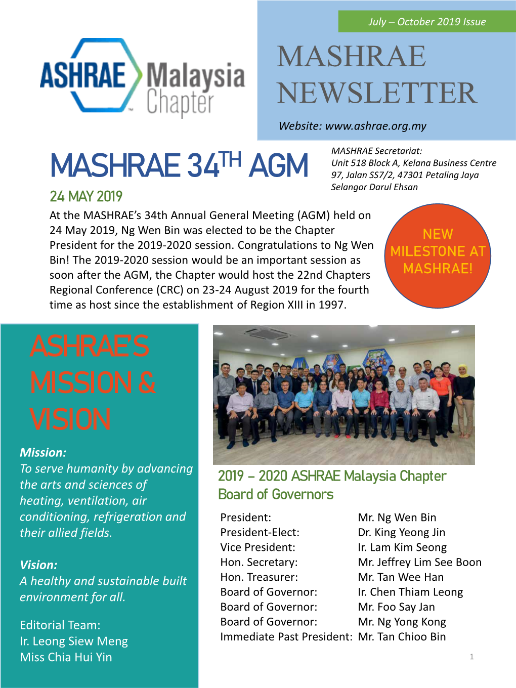 MASHRAE 34TH AGM 24 May 2019 the 34Th MASHRAE AGM Was Attended by Xx Members Including Xx Student Members