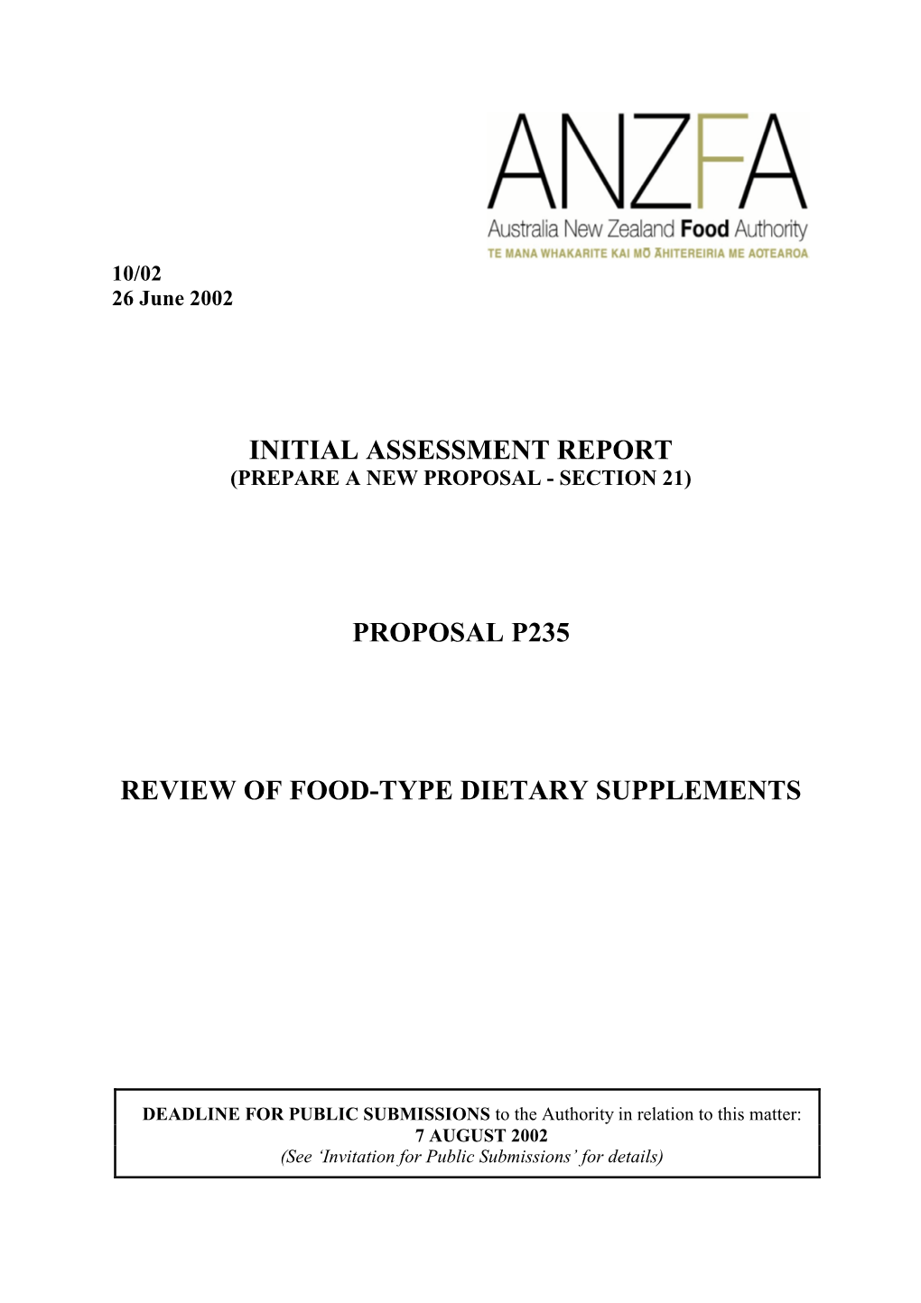 Initial Assessment Report Proposal P235 Review Of