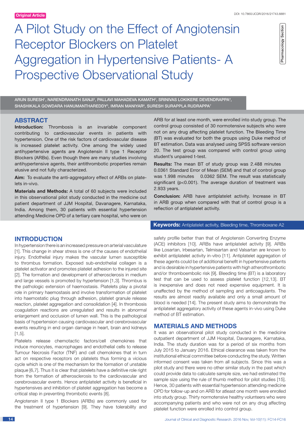 A Pilot Study on the Effect of Angiotensin Receptor Blockers on Platelet