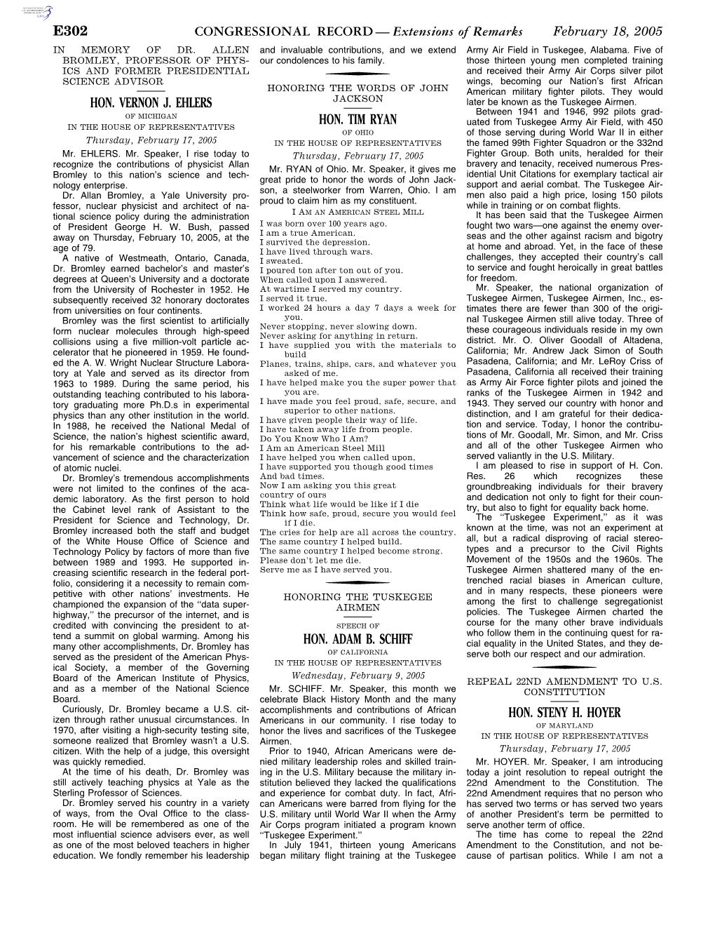 CONGRESSIONAL RECORD— Extensions of Remarks E302 HON. VERNON J. EHLERS HON. TIM RYAN HON. ADAM B. SCHIFF HON. STENY H. HOYER