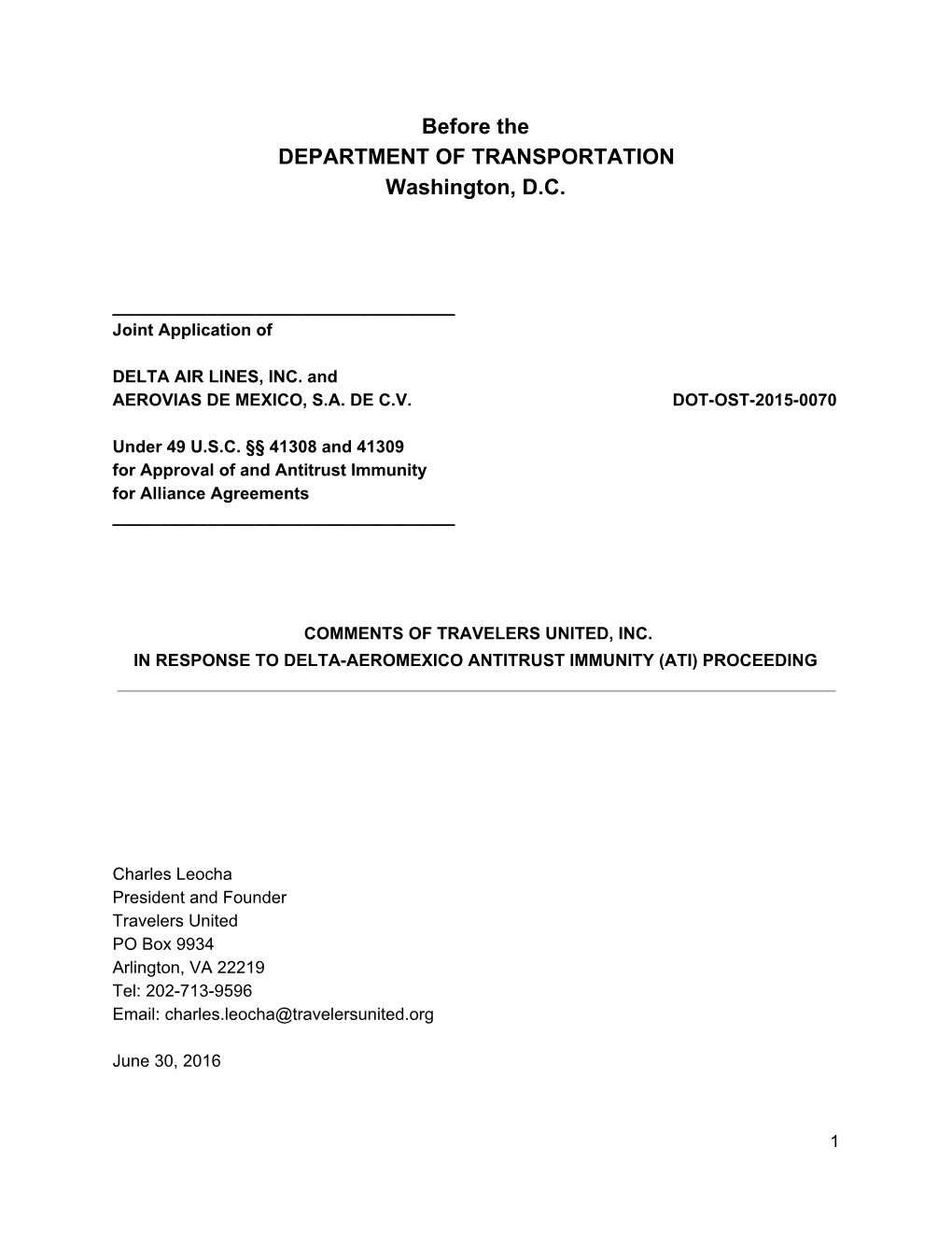 Before the DEPARTMENT of TRANSPORTATION Washington, D.C