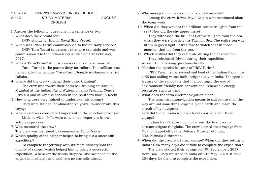 31.07.19 EVERWIN MATRIC.HR.SEC.SCHOOL Std: X STUDY MATERIAL AUGUST ENGLISH I. Answer the Following Questions in a Sentenc