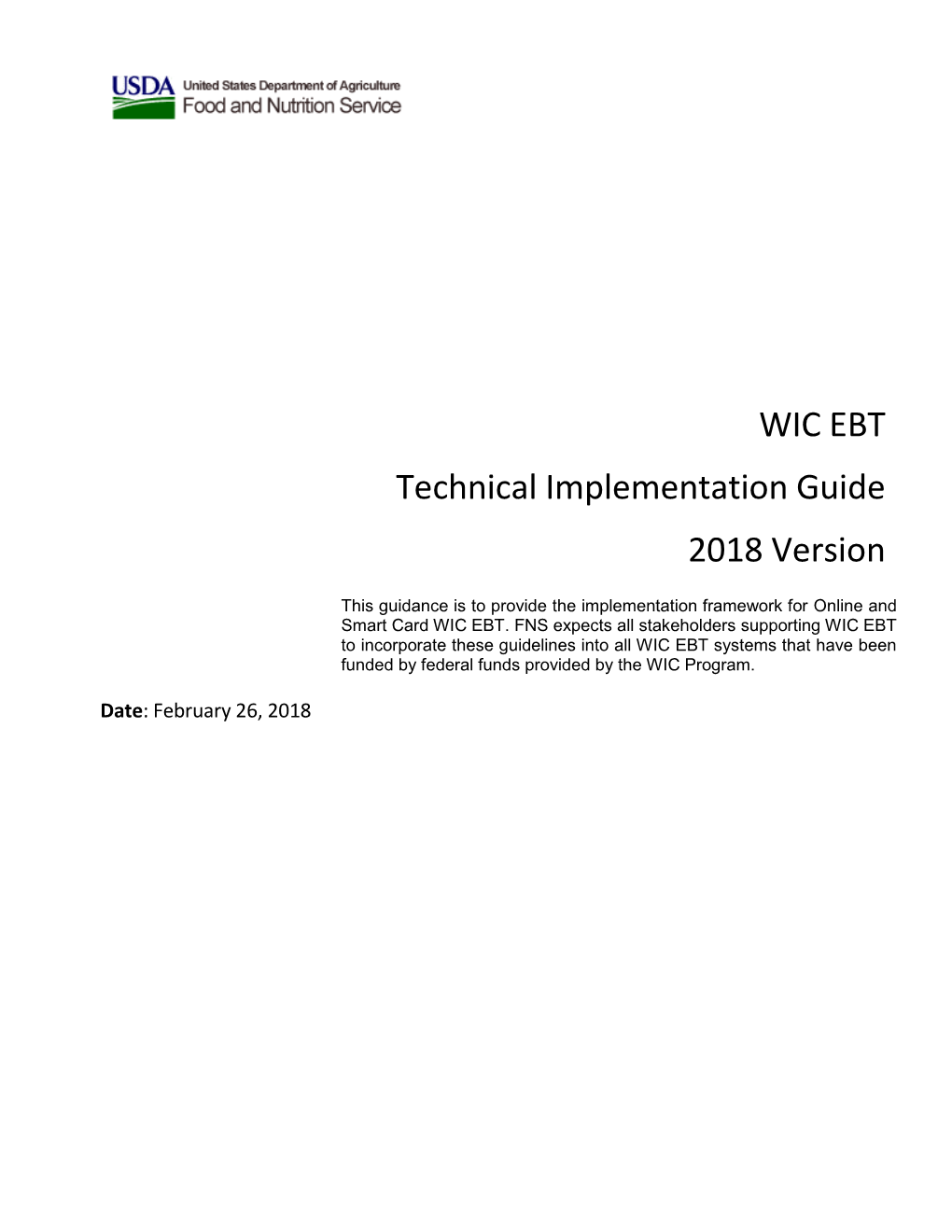 WIC EBT Technical Implementation Guide 2018 Version