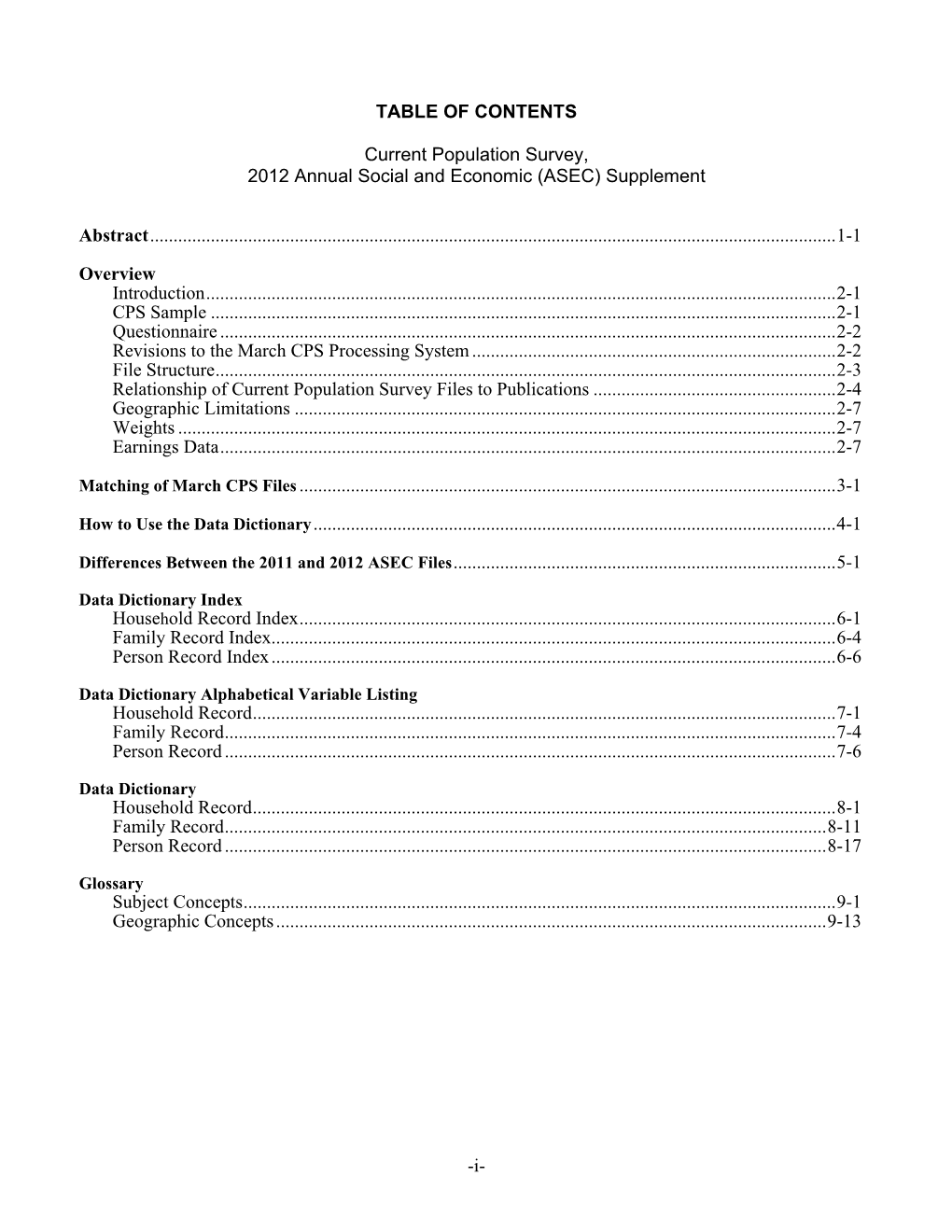 I- TABLE of CONTENTS Current Population Survey, 2012 Annual