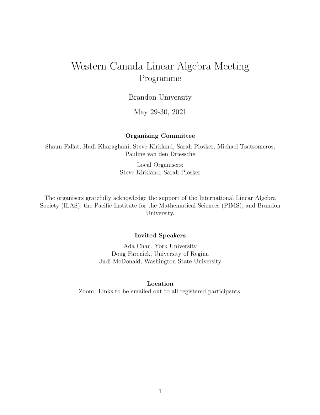 Western Canada Linear Algebra Meeting Programme