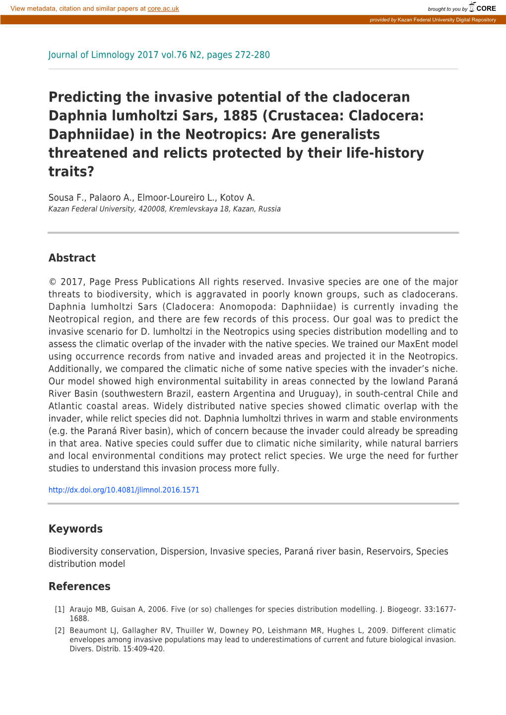 Predicting the Invasive Potential of the Cladoceran Daphnia