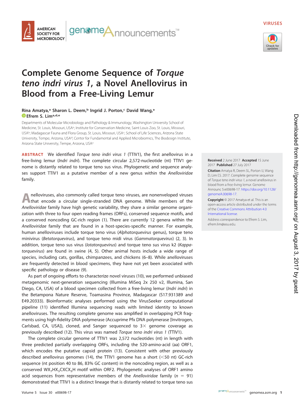 Complete Genome Sequence of Torque Teno Indri Virus 1, a Novel Anellovirus in Blood from a Free-Living Lemur