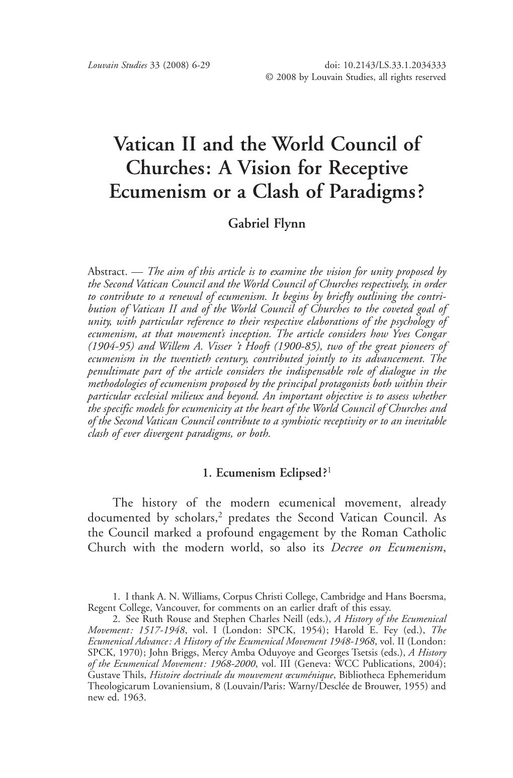 Vatican II and the World Council of Churches: a Vision for Receptive Ecumenism Or a Clash of Paradigms? Gabriel Flynn