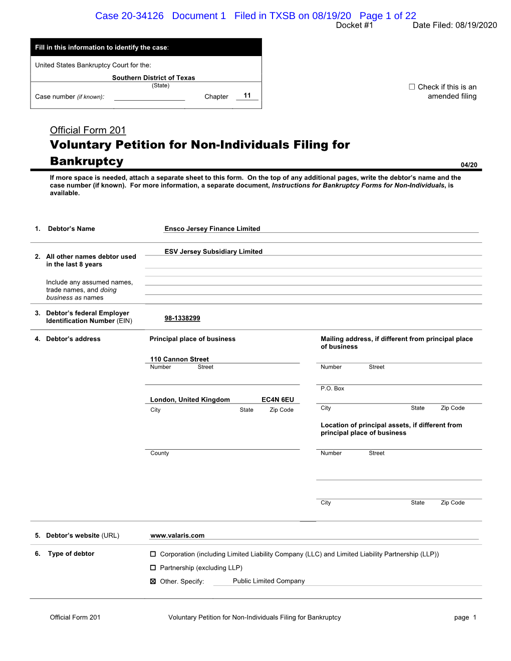 Voluntary Petition for Non-Individuals Filing for Bankruptcy Page 1