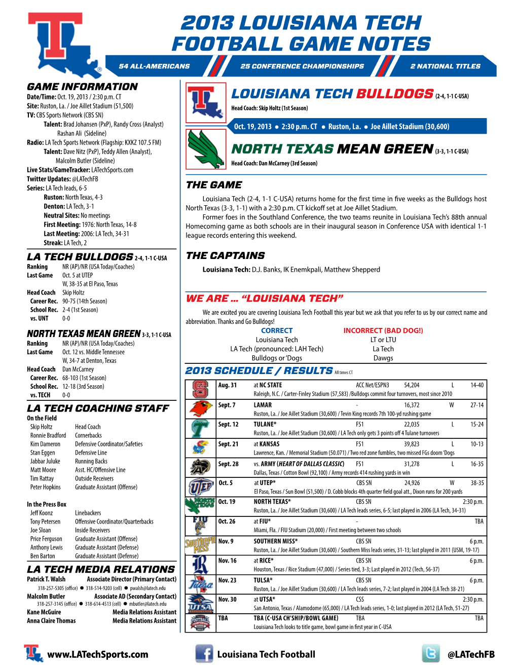 2013 Louisiana Tech Football Game Notes 54 All-Americans 25 Conference Championships 2 National Titles