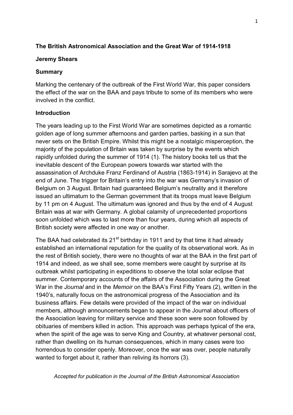 The British Astronomical Association and the Great War of 1914-1918