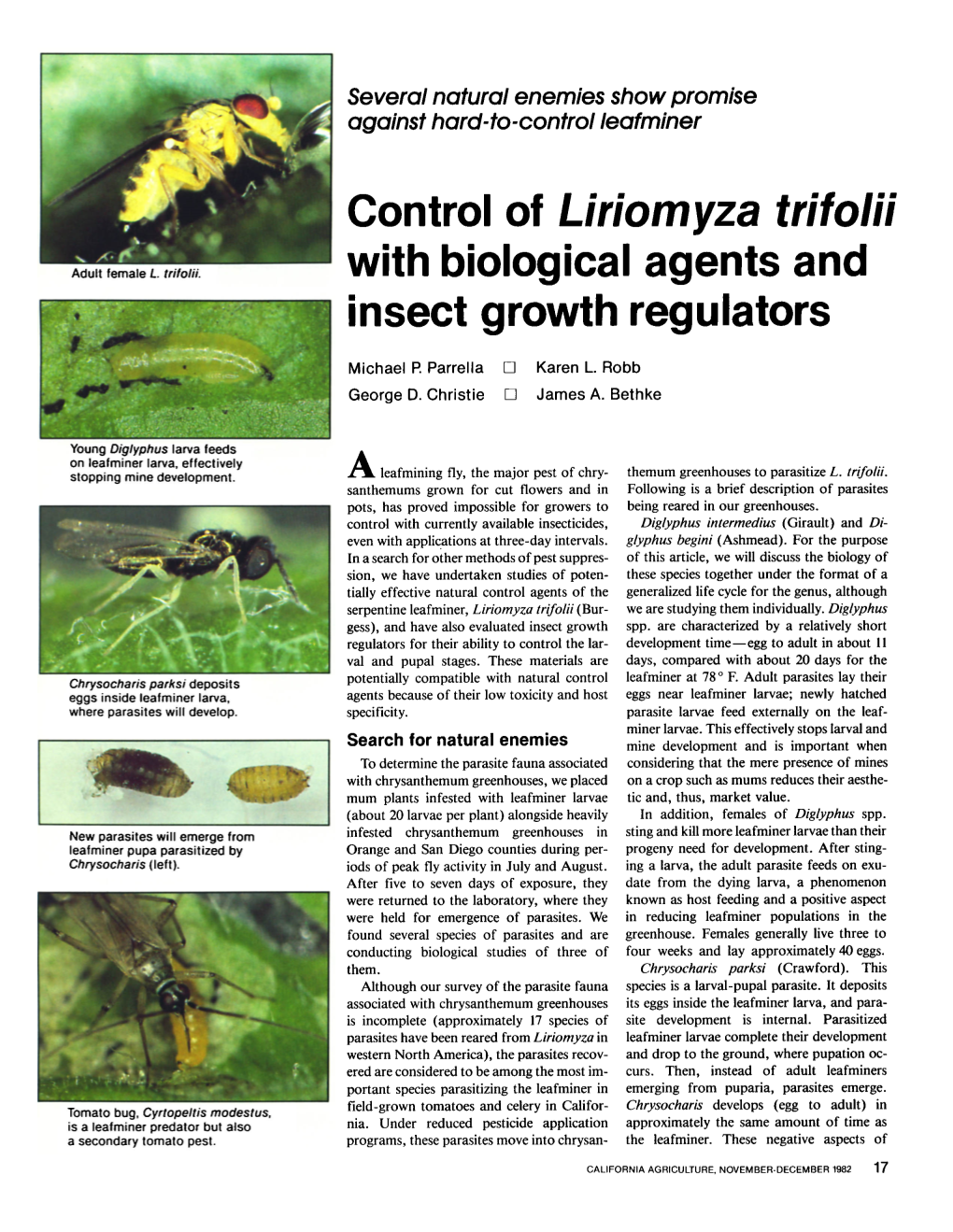 Liriomyza Trifolii&lt;/Italic&gt; with Biological Agents and Insect Growth Regulators