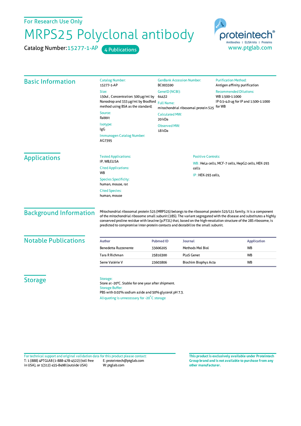 MRPS25 Polyclonal Antibody Catalog Number:15277-1-AP 4 Publications