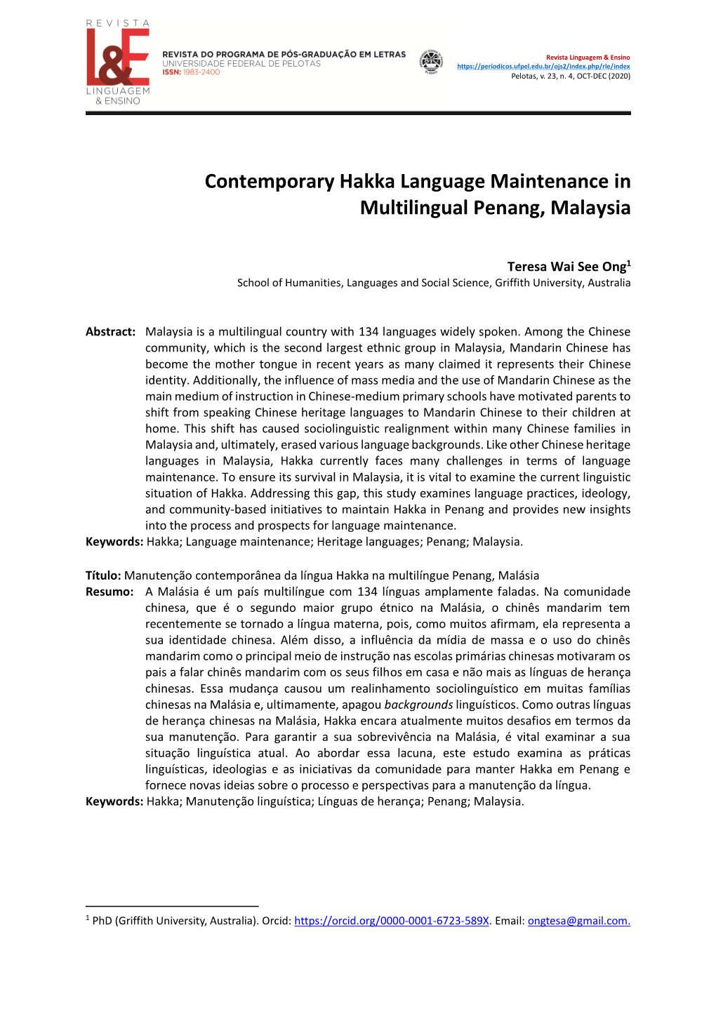 Contemporary Hakka Language Maintenance in Multilingual Penang, Malaysia