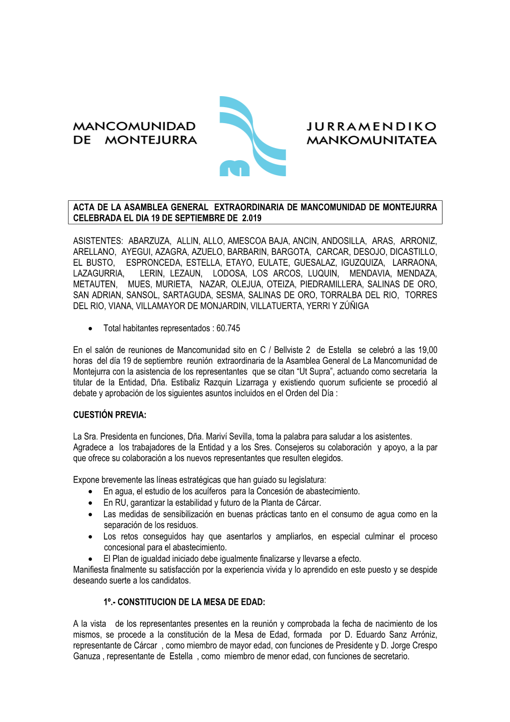 Acta De La Asamblea General Extraordinaria De Mancomunidad De Montejurra Celebrada El Dia 19 De Septiembre De 2.019 Asistentes